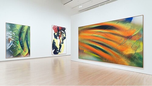 Installation view of Katharina Grosse Studio Paintings, 1988–2022: Returns, Revisions, Inventions, Mildred Lane Kemper Art Museum, 2022.